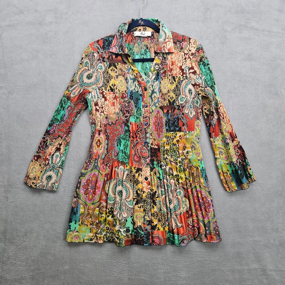 Rossi Roma Paisley Pleated Tunic Top Maximalist Italian Boho Art to Wear Medium